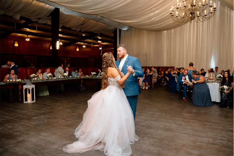 The bride and groom sharing their first dance. 