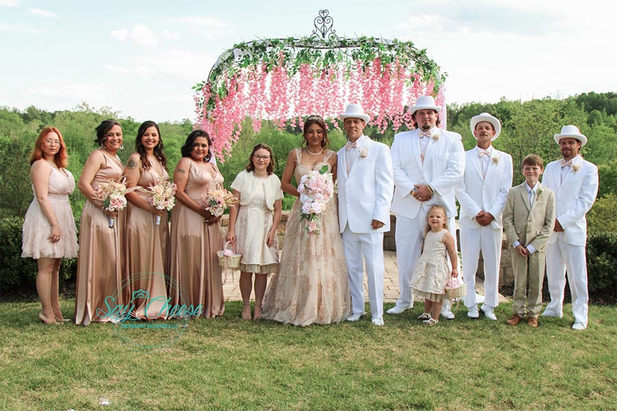 The bride and groom with their friends and family. 