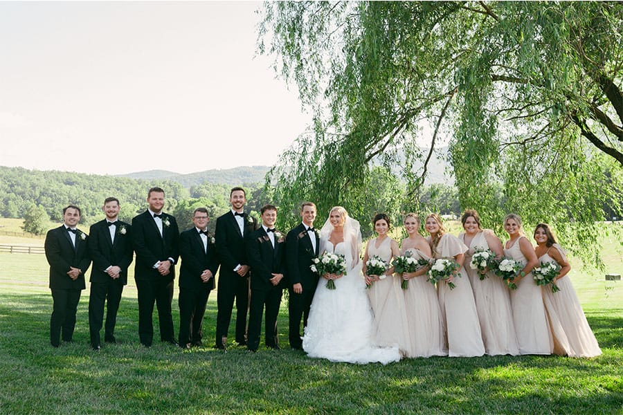 The bride and groom with their brides maids and groomsmen. 