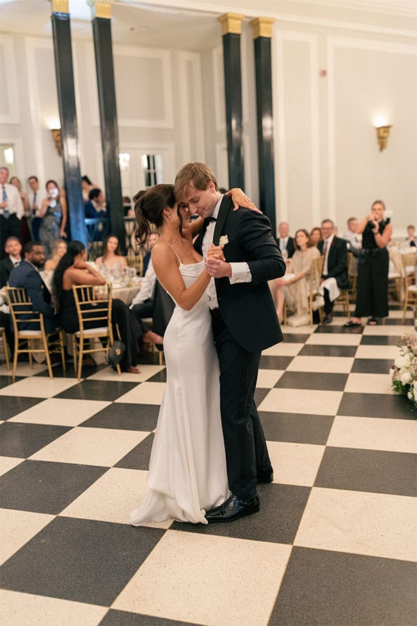 The bride and groom sharing their first dance. 