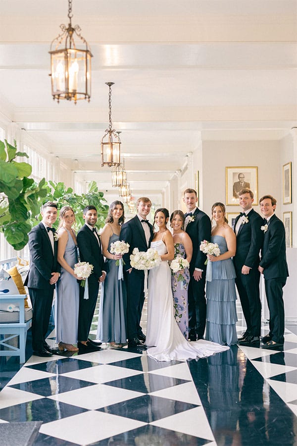 The bride and groom with their wedding party.