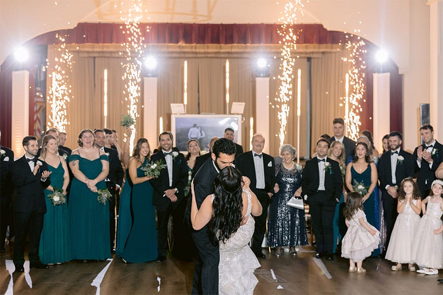 The bride and groom sharing there first dance. 