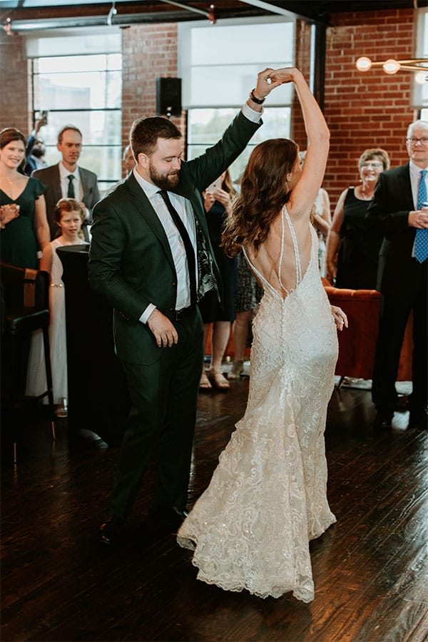 The bride and groom dancing for their first dance. 