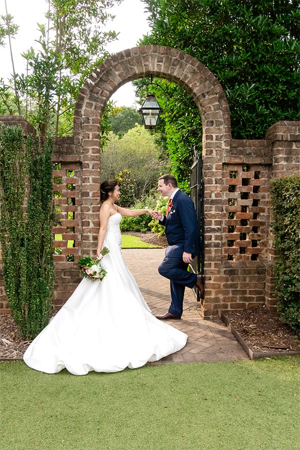 The bride and groom standing together. 